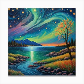 Aurora Borealis. Starry Pathway: Vibrant Landscape Art with Swirling Galaxy and Illuminated Trees Canvas Print