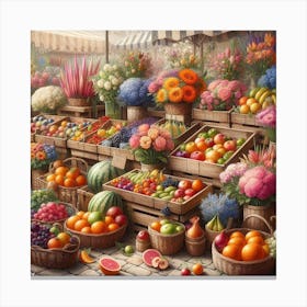 Market Art: A Contemporary and Impressionistic Painting of a Flower and Fruit Market with Various Colors and Patterns Canvas Print