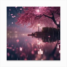 Pink Cherry Blossom Reflections in the Rain Canvas Print