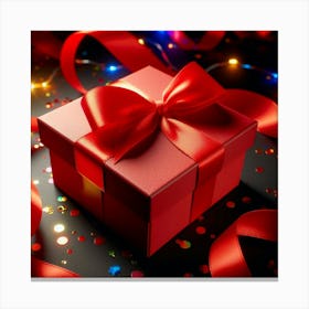 A beautiful red gift box with a red ribbon wrapped around a separate lid with a bow on top, sitting on a table covered in red and gold confetti with red and gold lights twinkling in the background Canvas Print