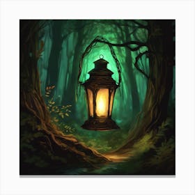 A lantern illuminating a dark forest 1 Canvas Print