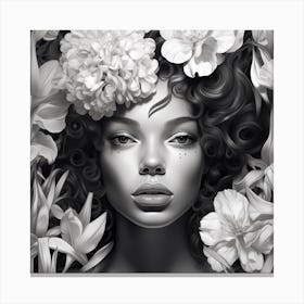Black And White Portrait Of A Woman With Flowers Canvas Print