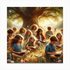 Children Reading Under A Tree Canvas Print