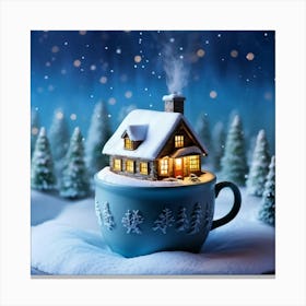 Snow Covered Miniature Winter Cottage Nestled Inside A Steaming Cup Delicate Aromas Of Hot Cocoa Wa Canvas Print