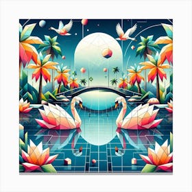 Geometric Art Tropical lake and swans Canvas Print