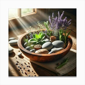 Wooden Bowl With Stones And Lavender Canvas Print