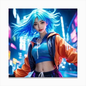 Blue Haired Girl Radiating Cheerfulness Dressed In Vibrant Sportswear Dynamic Pose Suggests Moveme Canvas Print