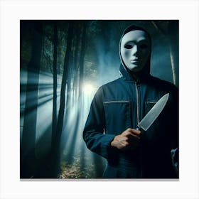 Man Holding Knife In The Woods Canvas Print