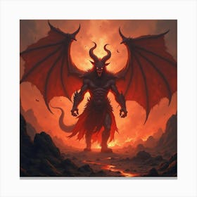 Demon Lord In A Hellish Landscape, Vibrant Fire Magic 1 Canvas Print