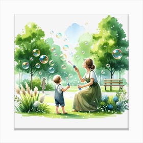 Mother And Child Playing With Soap Bubbles Canvas Print