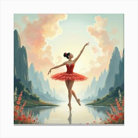 Elegant Ballet In Watercolor With Mythical Landscape 1 Canvas Print