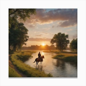 Art Of Riding On Horse With Beautiful Sunset River On Site And Beautiful Grass Canvas Print