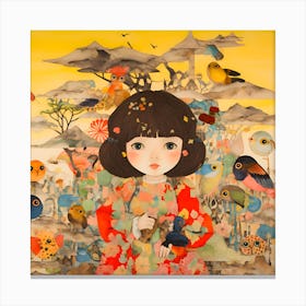 Asian Girl With Birds Canvas Print