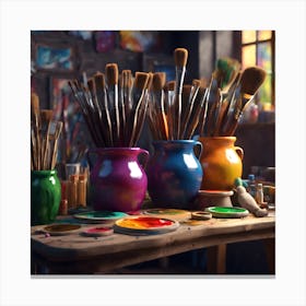 Blue, Pink and Yellow Paintbrush Pots Canvas Print