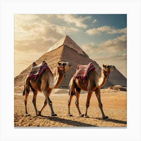 Camels In Front Of Pyramids Canvas Print