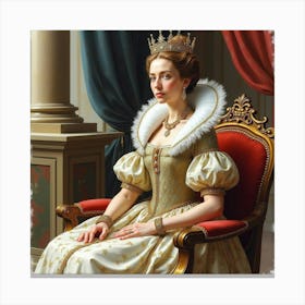 Queen Elizabeth I In Watercolor, Seated In Opulent Setting, Rich Attire 1 Canvas Print