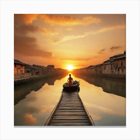 Chinese Woman In A Boat At Sunrise Canvas Print