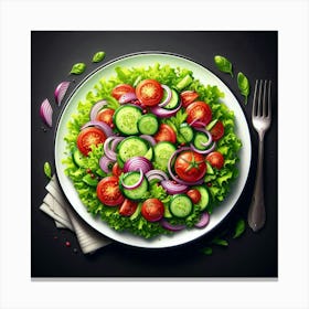 A Delicious and Healthy Salad with Fresh Tomatoes, Cucumbers, Red Onions, and Lettuce, Drizzled with a Light Vinaigrette Dressing, Served on a White Plate with a Fork on the Side Canvas Print