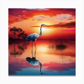 Crane Stands Alone By The Lake At Sunset Canvas Print