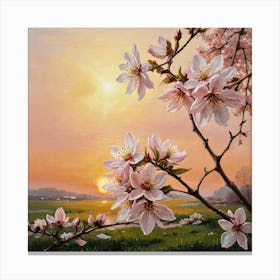 Beneath the Orange Sun Cherry Blossoms At Sunset Canvas Print