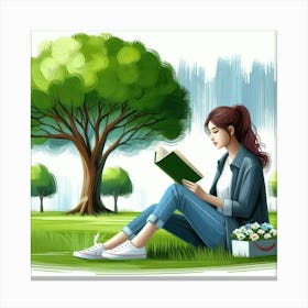 Girl Reading A Book In The Park Canvas Print