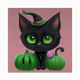 Cute Black Cat With Green Pumpkins Canvas Print