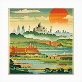 A Vintage Travel Poster Features A Collage Of Major Historical Landmarks From Different Continents (2) Canvas Print