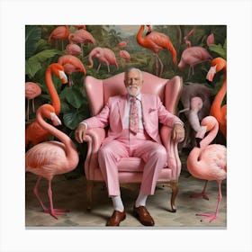 Older Man Relaxing in Armchair with Surrounding Pink Flamingos Canvas Print