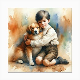 Boy Hugging Dog Canvas Print