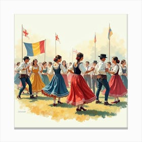 Romanian Dancers Performing In An English Festival, Watercolor Scene 1 Canvas Print