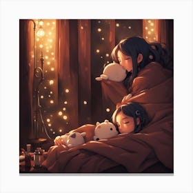 Two Girls Sleeping In Bed Canvas Print