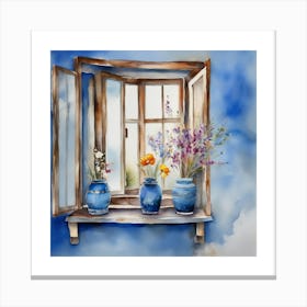 Blue wall. Open window. From inside an old-style room. Silver in the middle. There are several small pottery jars next to the window. There are flowers in the jars Spring oil colors. Wall painting.5 Canvas Print