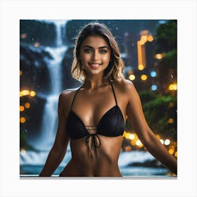 Beautiful Woman In Bikini Standing In Front Of Waterfallvhh Canvas Print