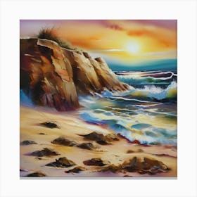 Artwork, oil colors, sea and sunset, seashore, beach rocks.San Francisco, USA.12 Canvas Print