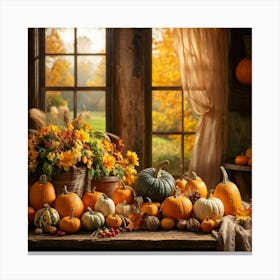 Autumn Harvest Celebration Captured In A Rustic Farmhouse Setting Pumpkins And Various Gourds Offer Canvas Print