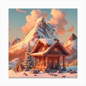 Mountain village snow wooden huts 2 Canvas Print