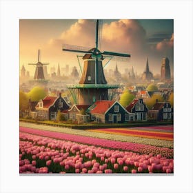 Amsterdam S Iconic Windmills Standing Tall Amidst Vibrant Tulip Fields, Style Dutch Golden Age Canvas Print