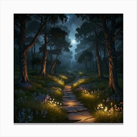 Fairytale Forest Path At Night Canvas Print