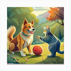 Dog And Cat Playing Ball Canvas Print