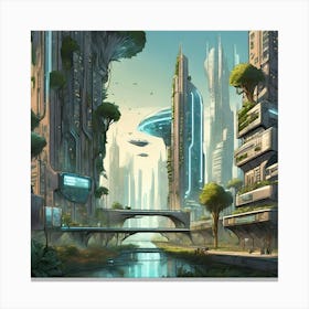 A Futuristic Cityscape Where Nature And Technology Coexist In Harmony Canvas Print