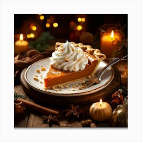 Top View Of A Pumpkin Pie Slice Adorned With A Dollop Of Whipped Cream Resting On A Rustic Wooden T (1) Canvas Print