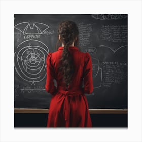 Girl In Red Dress In Front Of Blackboard Canvas Print