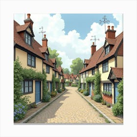 A Picturesque English Village With Cobblestone Streets, Watercolor Style 1 Canvas Print