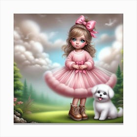 Little Girl In Pink Dress And White Dog Canvas Print