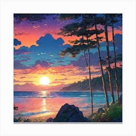 Serene Sunset View Over a Tranquil Ocean From a Lush Tropical Forest 1 Canvas Print