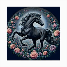 Black Horse With Flowers Canvas Print