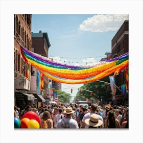 Crowds Of People In Rainbow Attire Fill The Streets Of A Bustling Urban Center At The Multiracial Pr (7) Canvas Print