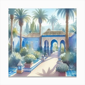 Watercolor Of A Moroccan Garden Jardin Majorelle Morocco Modern Blue Illustration 5 Art Print Canvas Print
