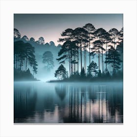 Misty Morning Lake Wall Art: A Peaceful Scene with Pine Trees and Calm Waters for Nature-Inspired Home Decor Print Art Canvas Print