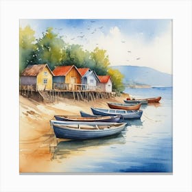 Watercolor Of Boats On The Shore Canvas Print